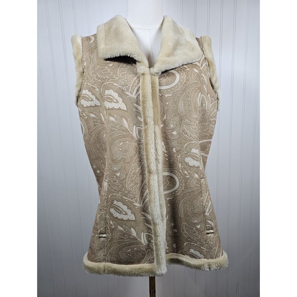 Coldwater Creek Faux Suede Fur Embossed Vest Women's Size M Paisley Floral